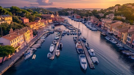 Obraz premium Coastal town with boats docked picture