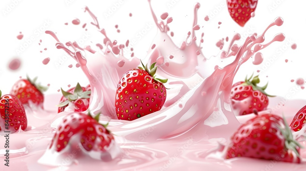 Poster splashing milk or yogurt with fresh strawberries isolated on white background realistic 3d rendering
