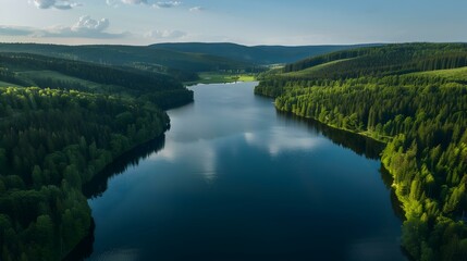 Large lake surrounded by forested