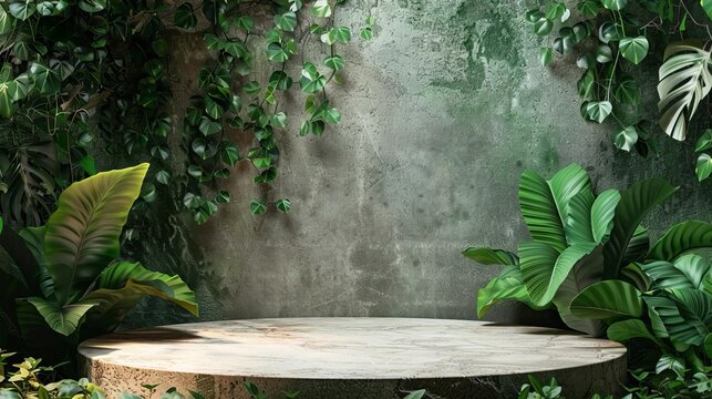 stone product display podium with lush green foliage backdrop natural presentation setting