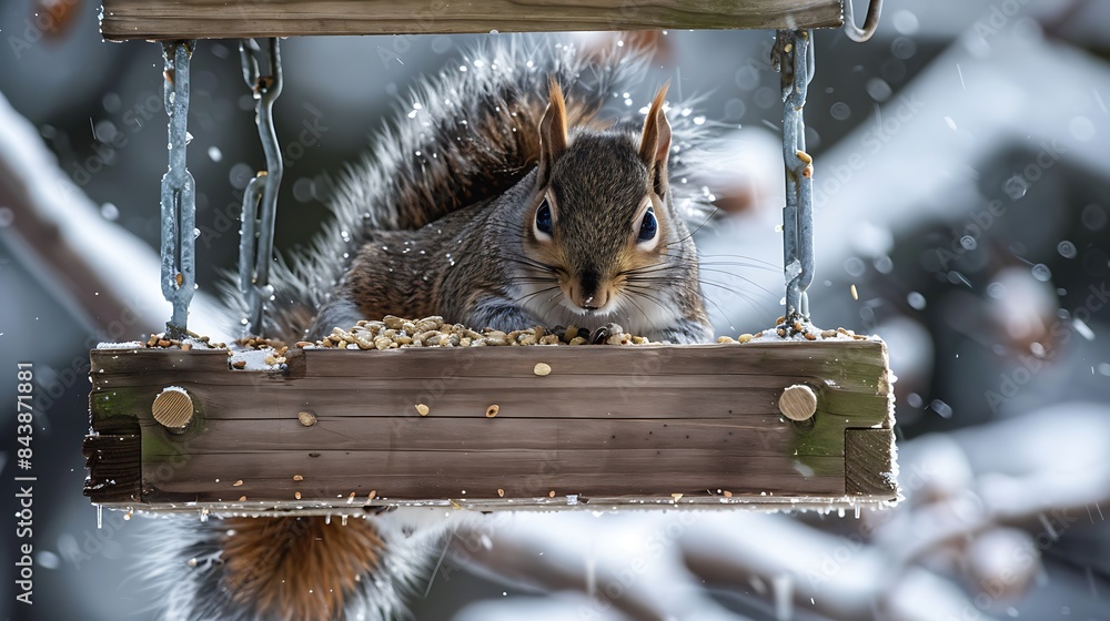 Wall mural Squirrel lunch with grain on the feeder