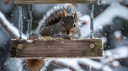 Squirrel lunch with grain on the feeder