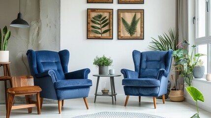 stylish blue armchairs in modern living room with grey table wooden posters and plants interior design photo