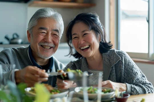 A senior japanese couple happily enjoying a meal together at home, white clean modern living room