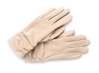 Beige gloves isolated on white, top view