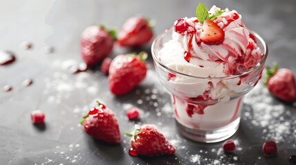 Strawberry ice cream sundae grey background