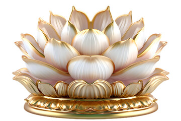 Lotus flower white golden statuette, isolated on transparent background. Symbol of purity and enlightenment, religion symbol in Buddhism