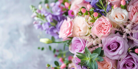 bouquet of pastel-colored flowers including pink, purple, and peach roses, mixed with green foliage and delicate blooms, set against a soft, blurred background. The arrangement exudes elegance 