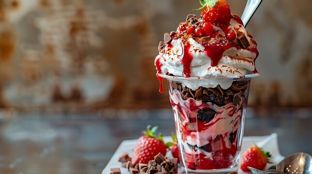 Strawberry sundae in an ice cream parlor grey and brown background