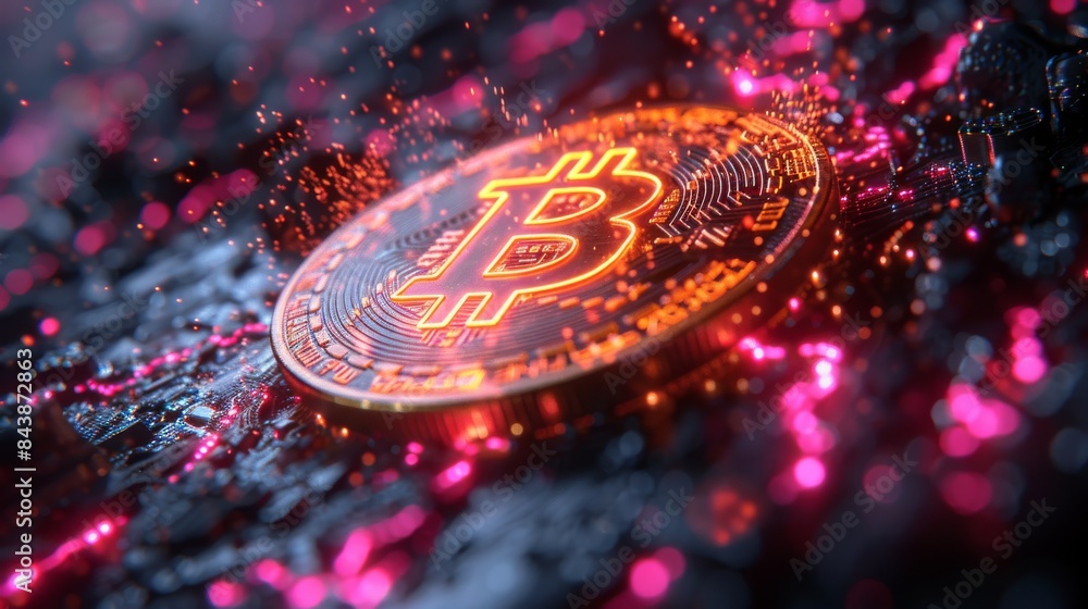 Aufkleber bitcoin cryptocurrency glowing on circuit board surrounded by digital data