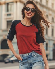 A beautiful woman wears a red raglan shirt, smiling and gazing into the camera