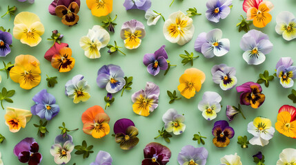 A diverse array of colorful pansies arranged on a mint green background, creating a vibrant floral pattern.