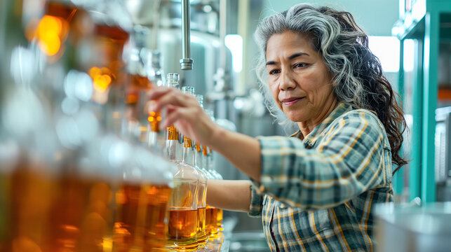 Senior Female Worker Inspecting Bottles in Beverage Factory