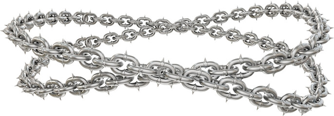 Fototapeta premium Interlocking Chain Circles: 3D Art Element. 3D illustration features captivating circles formed by sharp-tipped metal chains, intertwined for a modern art design (transparent PNG).