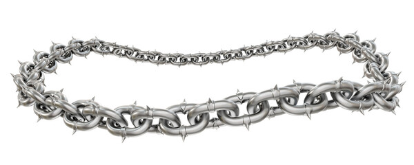 3D render showcases a captivating design: sharp-tipped metal chains forming a perfectly circumscribed circular frame, captured from a dynamic camera angle (transparent PNG).