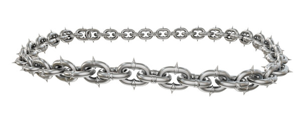 Fototapeta premium 3D illustration features a textured metal chain frame with sharp tips, forming a captivating perfect circle, viewed from a dynamic camera angle (transparent PNG).