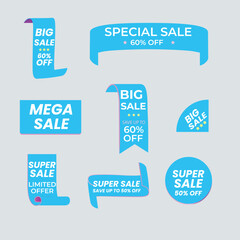 Sale Label collection set. Set ribbon banner and label sticker sale offer and badge tag sale advertising. Discount red ribbons, banners and icons. Cffer discount coupons. Vector illustration.Sale Labe