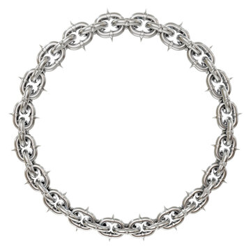 Industrial Chic Circle: 3D Chain Design. 3D render features a unique industrial chic aesthetic: sharp-tipped metal chains forming a perfect circular frame (transparent PNG background).