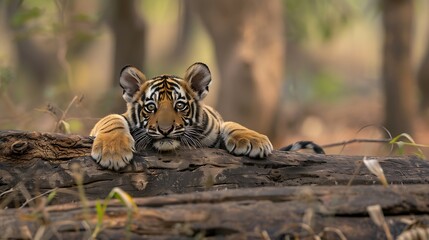 tiger cub is lying on a fallen tree trunk in the forest looking at the camera