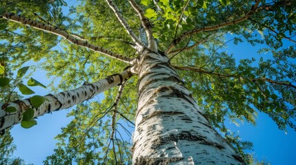 Fototapeta premium A stately birch tree with white bark and sparse green leaves