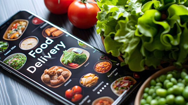 Modern food delivery mobile app kit template featuring a sleek user interface design, vibrant colour scheme, and ample copy space for text,