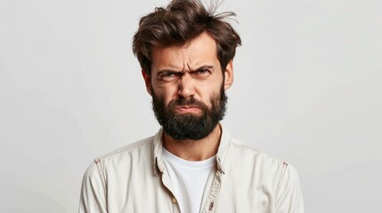 Obraz premium Bearded man wearing a shirt looks unhappy with a frown and negative feelings