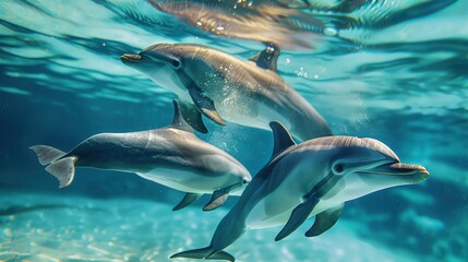 Obraz premium dolphins swimming in the ocean together.