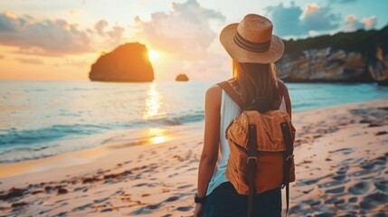 Female traveler enjoying sandy beaches and sunset views by the ocean during a summer vacation