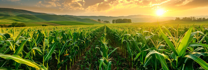 Corn field panorama view in sunlight for web banner template.