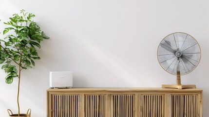Electric fan placed on wooden cabinet and backdrop of white wall with copy space, Living room and furniture decorated in minimalist style, Home appliance and Ornamental plant, Philodendron Xanadu.