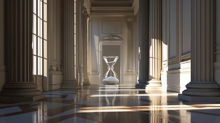 Time concept a realistic interior miniature with window and columns silhouette of hourglass inside room
