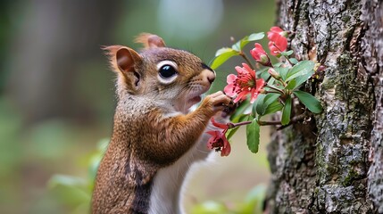 Obraz premium Timone the squirrel took his flowers to the tree