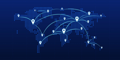 World map with global connections travel technology. Vector illustration in flat design.