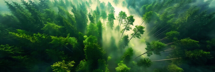 Obraz premium Misty landscape with fir forest in vintage style. There are mountain peaks in the distance