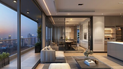 Elegant apartment with an open space concept, featuring a wall-mounted AC, a gourmet kitchen with an integrated wine cooler, and expansive glass doors to a balcony with a cityscape view.