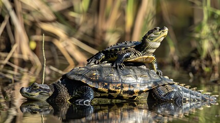 Turtles and alligator togther