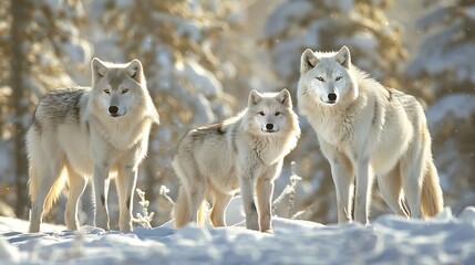 Two arctic wolves and cub