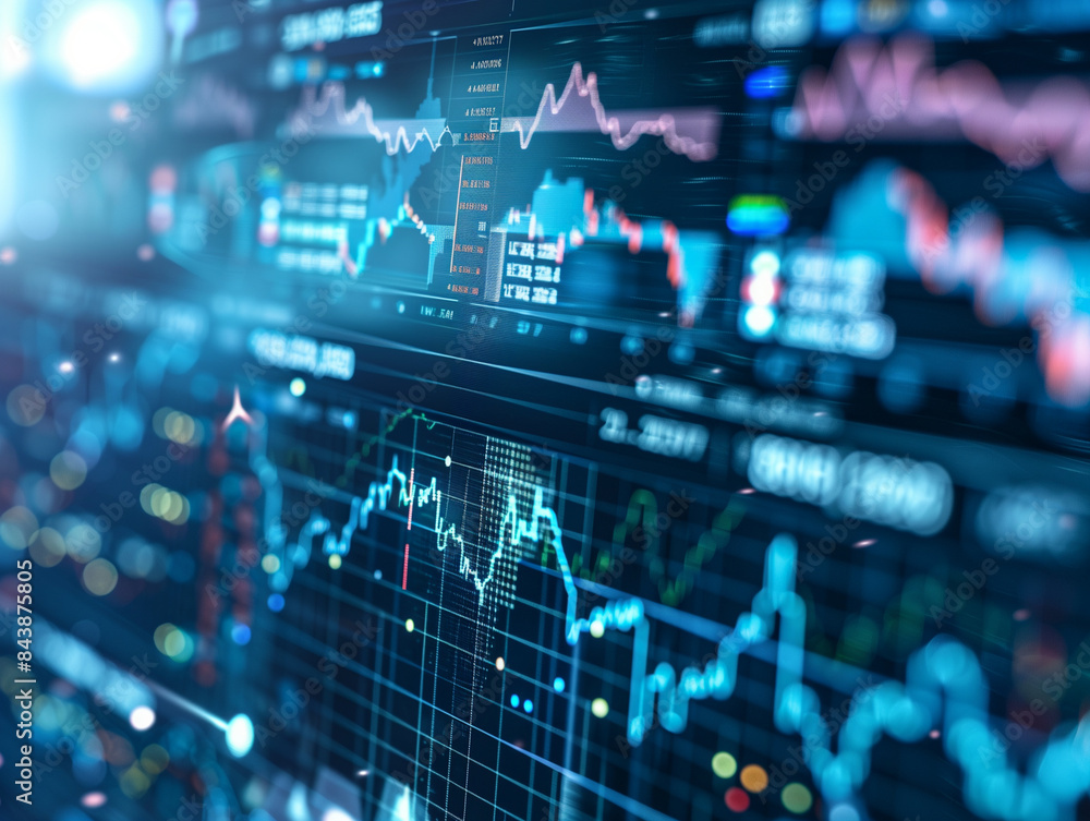 Poster screen with stock market index charts and diagrams
