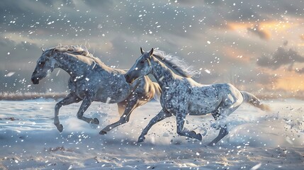 Two galloping dapple grey in snow
