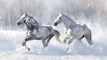 Two galloping dapple grey in snow