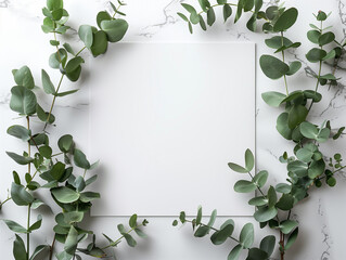 Fototapeta premium Square paper card with corner twigs of green Eucalyptus plant