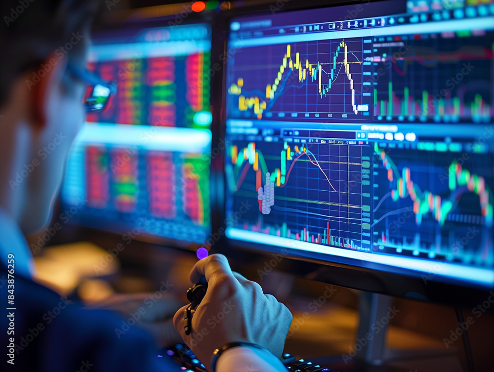 Poster trader checking stock market graph data on screen