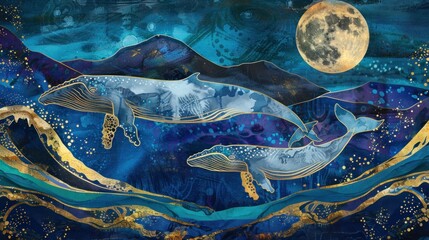 whale swims in the ocean surrounded by mountains and waves with golden lines wallpaper