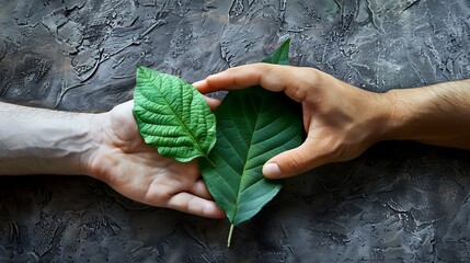 Two green leaf attached to each other as the hand of man