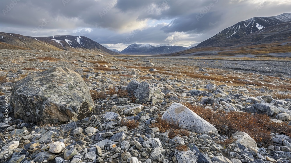 Poster the rocky terrain of a glacial landscape is interrupted by rolling drumlins adding a sense of motion