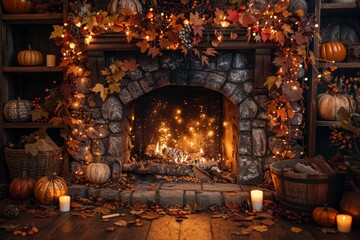 A cozy fireplace with a roaring fire, surrounded by autumn decorations like leaves and pumpkins. 