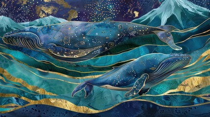 whale swims in the ocean surrounded by mountains and waves with golden lines wallpaper