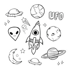 Set of doodle space elements. Black objects on white background. hand draw vector illustration style.
