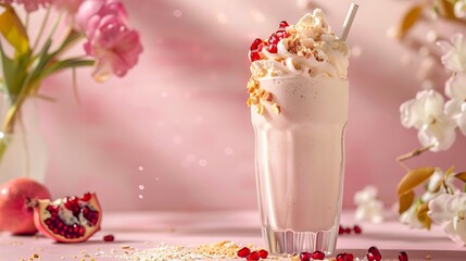 Vanilla ice cream milkshake garnished with fresh pistachio and pomegranate seeds on pink background