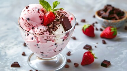Vanilla pink fruit chocolate ice cream glass bowl